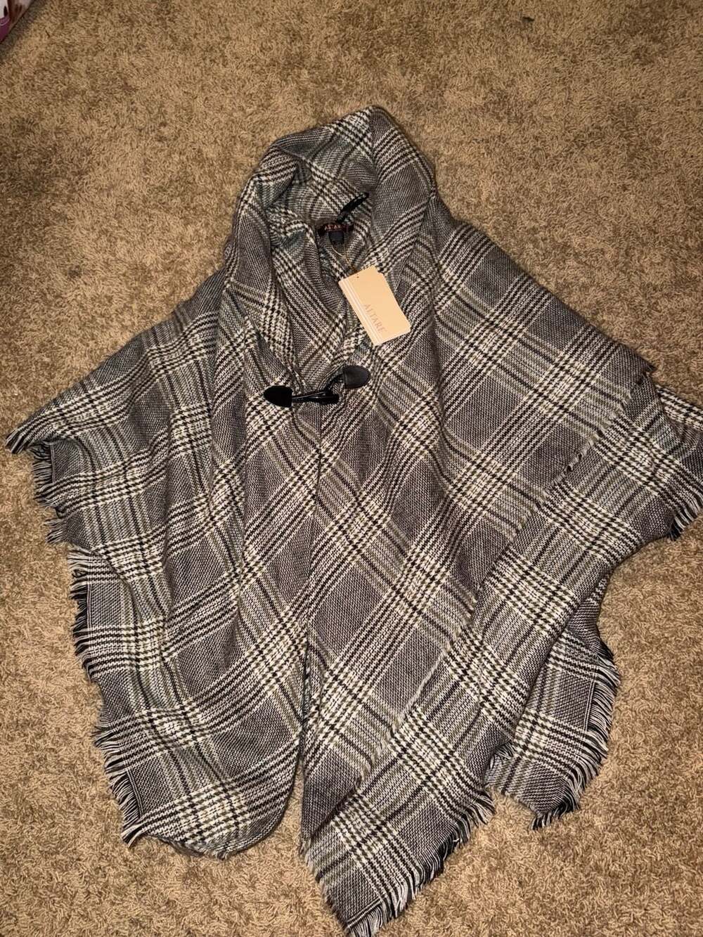 Altare Plaid Shawl Poncho Wrap with Toggle Button Brown One Size
